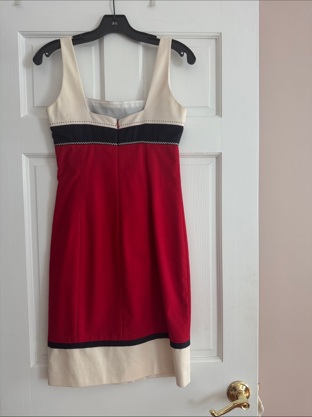 Badgley Mischka color block Red Sheath Dress with Ivory and navy accent.